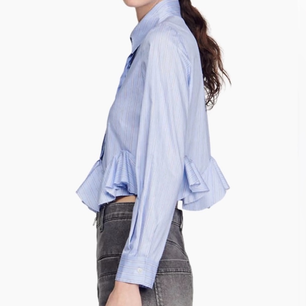 Sandro Light Blue Striped Ruffle Blouse - Picture 5 of 7
